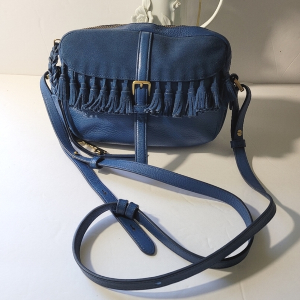 Fossil Kendall Marine Blue Leather Tassled Crossbody Bag One Size